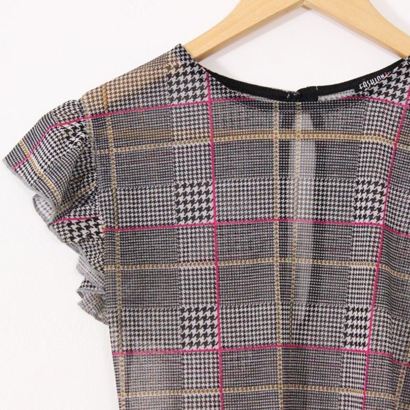 *Fashion Nova Plaid Ruffle Short Sleeve Sheer Bodysuit - Picture 5 of 8